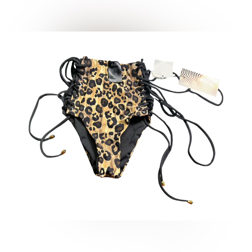KIKIRIO leopard print high waist sexy strappy cheeky bikini swim bottom sz S NWT